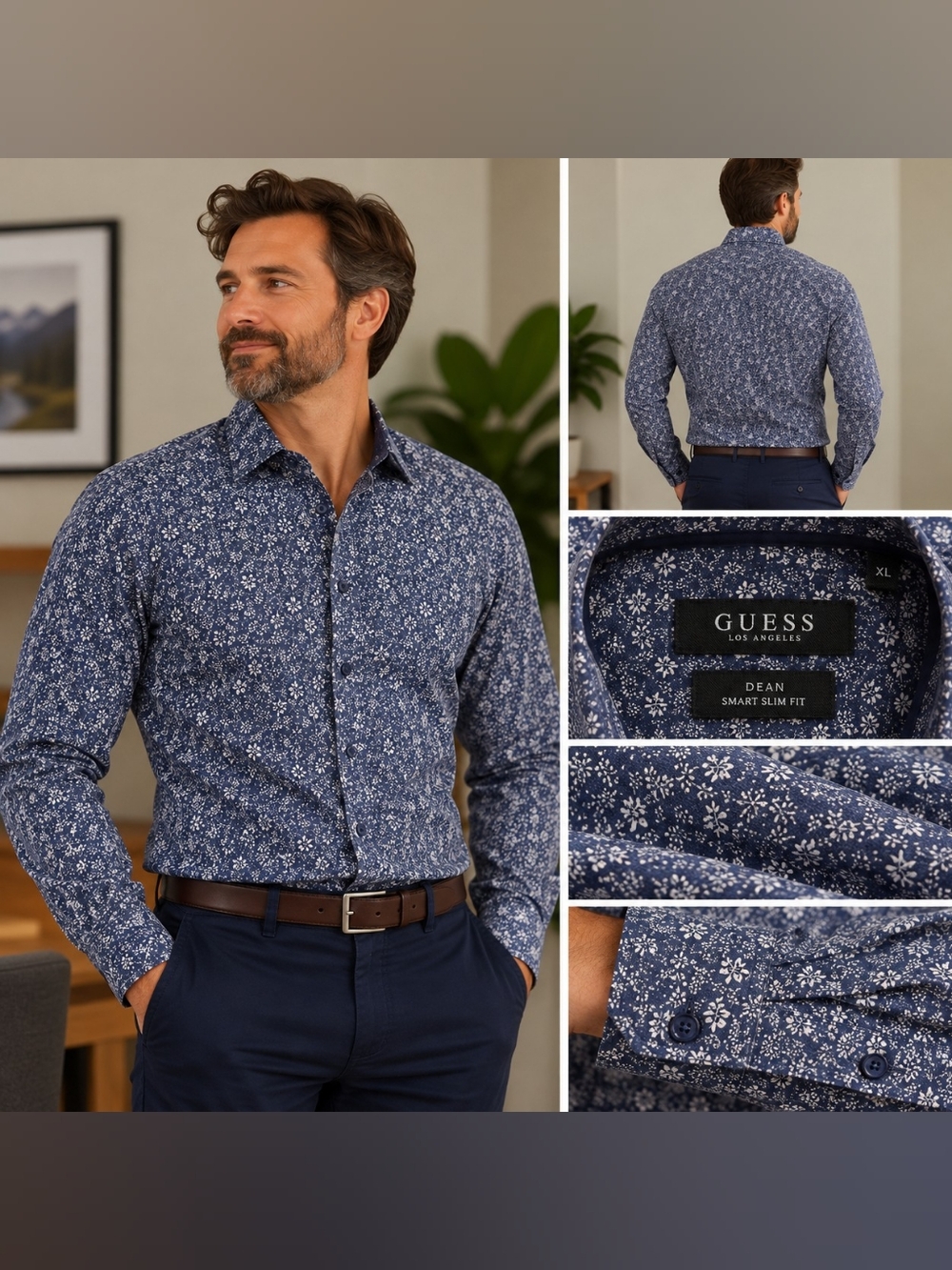 GUESS Men's XL Slim Fit Navy Blue Floral Button-Down Shirt